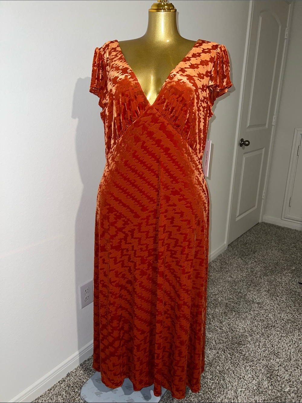 Calvin Klein Burnt Orange Velvet Wrap Maxi Dress